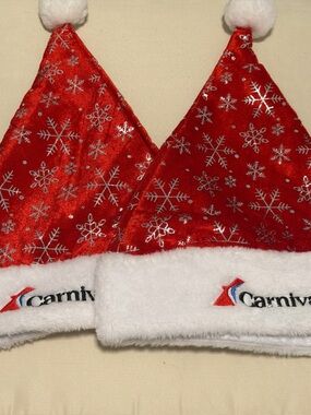 Carnival Red Snowflake Kids Santa Hat - Holiday Plush Pom Pom (set of 2)